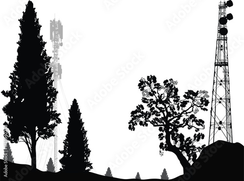 elecommunications high tower two silhouettes in pine forest isolated on white