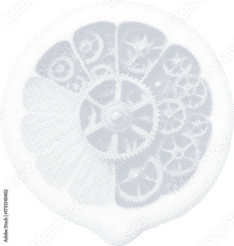 Surreal vector illustration of a lemon slice containing a mechanical gear mechanism. Abstract biomechanical citrus fruit concept in a retro halftone style, isolated graphic element.