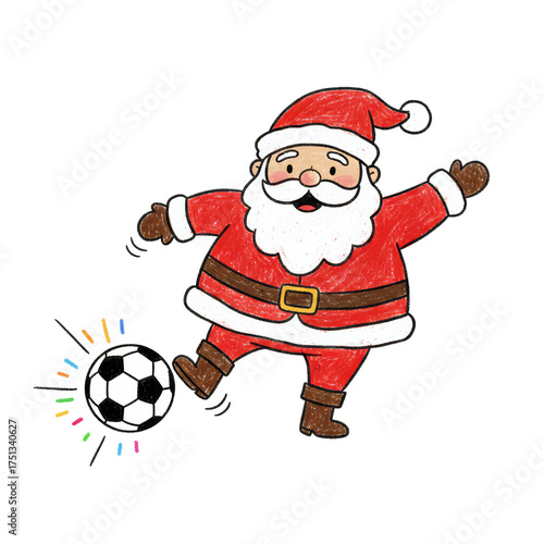PNG cut out isolated background.  A childlike crayon or colored pencil drawing of a happy Santa Claus kicking a soccer ball with colorful action lines around it. 