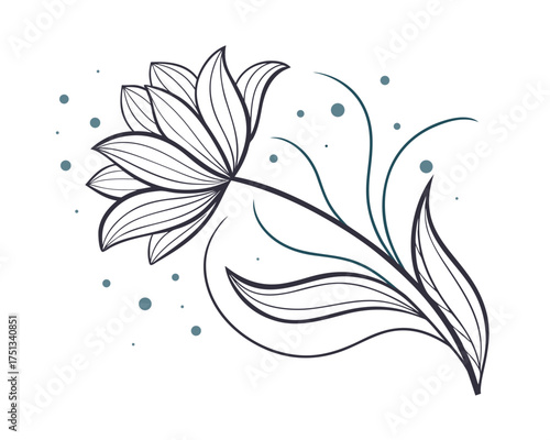 Elegant floral illustration featuring delicate line work of a flower blossom on a white background with scattered dots