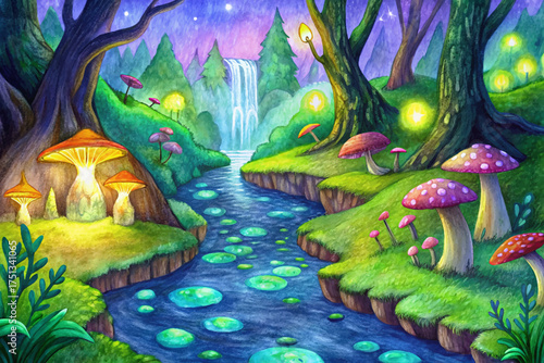 Watercolor vector fairy glen, sparkling brook, lily pads, glowing fireflies, enchanted mushrooms, ancient oaks, magical twilight, fantasy art, children’s book illustration