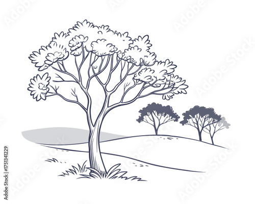 Stylized Tree Landscape Illustration of Isolated Trees on Hills with Grass and Artistic Flair Perfect for Nature Inspired Designs