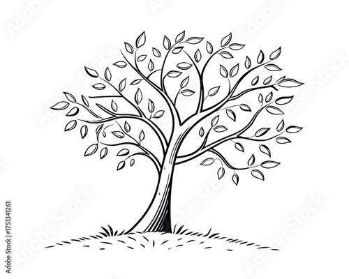 Stylized Tree Illustration with Detailed Branches and Leaves Black and White Minimalist Design Element for Environmental Projects and Botanical Art