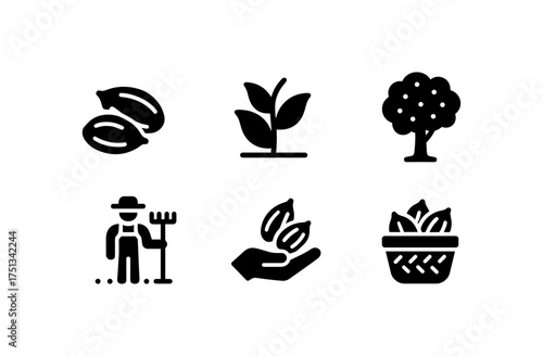 Cardamom icons set featuring spice, plant, tree, farmer, and harvest elements for design and decoration