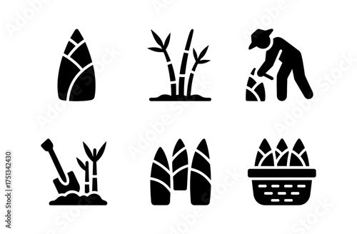 Bamboo harvest icons set featuring simple silhouettes for design and decoration