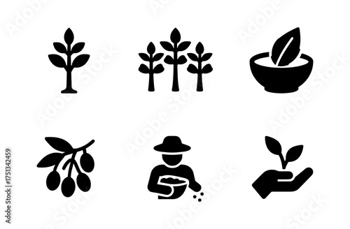 Neem tree icon set: diverse agricultural and botanical symbols for design
