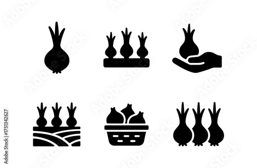 Shallot field icons collection for agricultural design and gardening projects