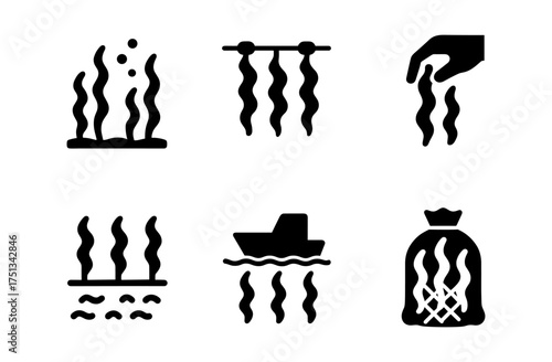 Kelp farm icons set: seaweed cultivation and harvesting symbols for nautical designs