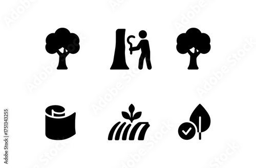 Cork oak icon set featuring tree, harvest, and sustainable materials concepts for eco-friendly design