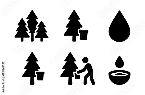 Pine resin collection icons for natural resource extraction and environmental awareness designs