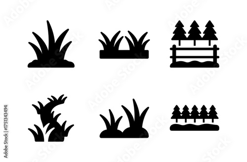 Minimalist liriope grass and tree icon set for landscaping designs
