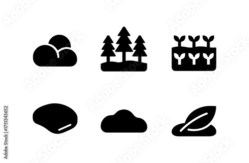 Minimalist nature icons set featuring moss cloud tree and leaf elements for eco themed design projects