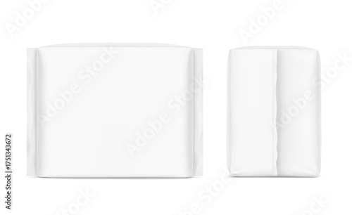 Packaging bag mockup. Front and side views. Vector illustration isolated on white background. Ready for your design. Suite for the presentation of pads, pantyliners, wipes, etc. EPS10.