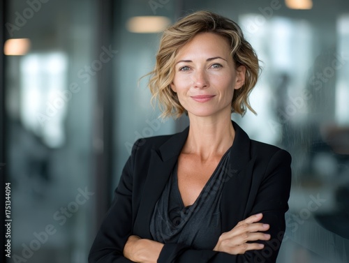 Confident smiling middle aged business woman attorney, 45 years old lady entrepreneur, mature female professional executive manager leader standing arms crossed in office looking at camera. Portrait