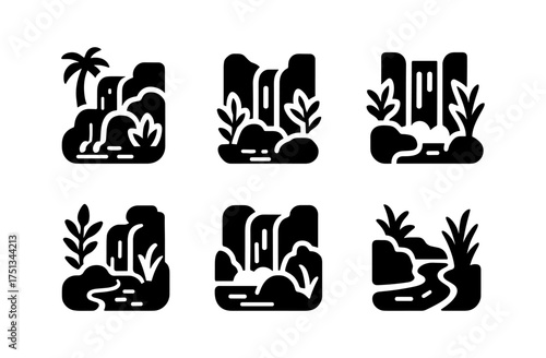 Jungle waterfall icon set featuring simple nature compositions for graphic design