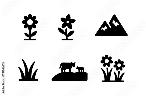 Alpine meadow theme with simple icons for nature and landscape design