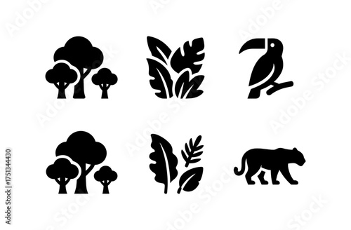 Minimalist rainforest canopy icons featuring trees, leaves, toucan, and panther for design projects