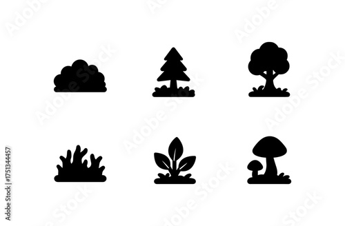Mossy forest icons set for nature themed designs and decorations