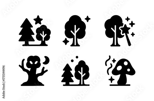 Enchanted woods icon set featuring magic trees and mystical mushrooms for design projects