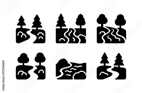 Simple forest stream icons for nature themed design projects