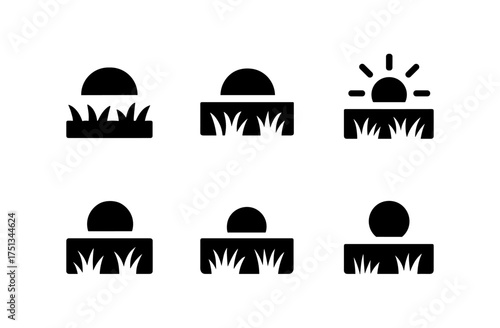 Prairie sunset icon set featuring minimalist nature scenes for design projects