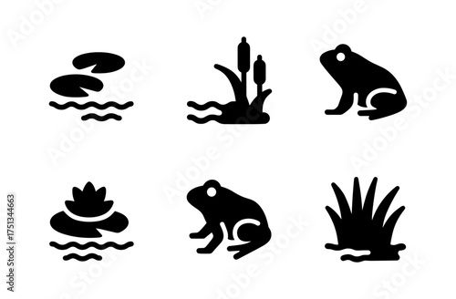 Swamp icon set with frogs, reeds, and lilies for nature and wildlife design projects