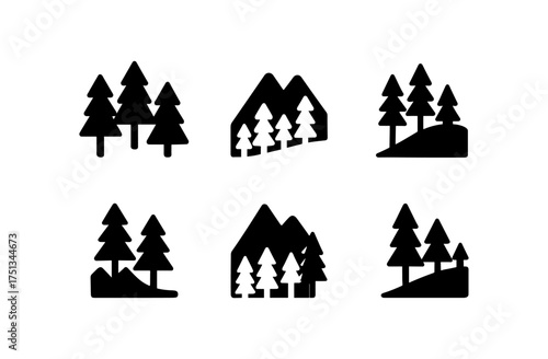 Minimalist pine ridge icons collection for nature-inspired designs and camping themes