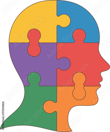 Colorful jigsaw puzzle pieces forming a human head isolated on white background