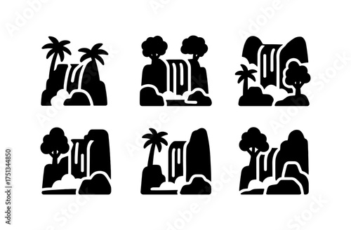 Rainforest waterfall icon set for nature-themed designs and print materials