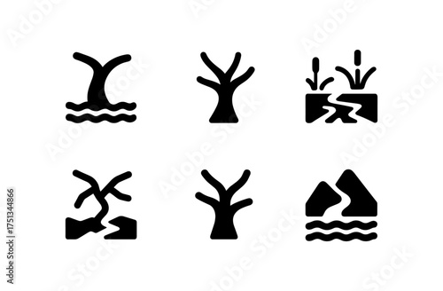 Collection of simple river delta icons for design and decoration projects