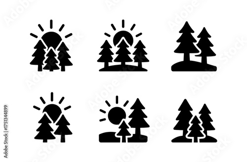 Forest dawn icons collection for nature and outdoors design projects