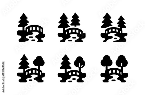 Nature themed icons featuring forest streams and bridges for design and decoration
