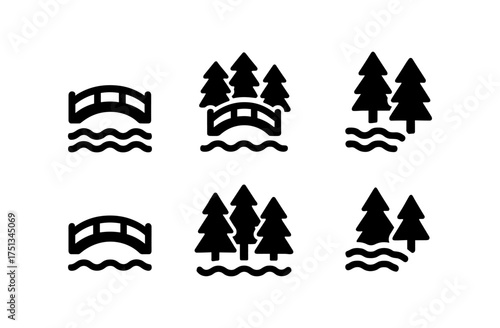 Nature-themed icons of forest trees and streams for graphic design projects