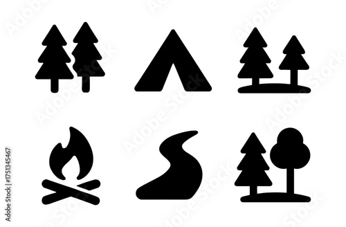 Forest camping icons collection for outdoor adventure design and nature exploration projects