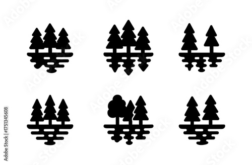 Minimalist lake reflection icons with trees for graphic design and branding