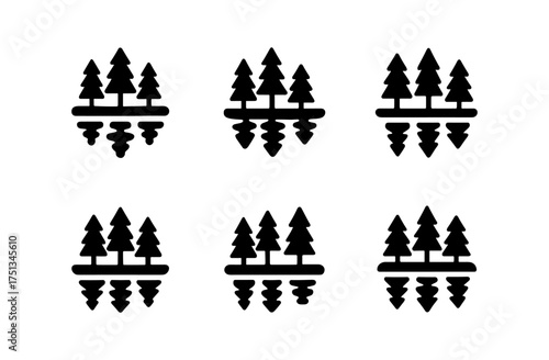 Minimalist lake reflection icon set featuring pine trees for design projects