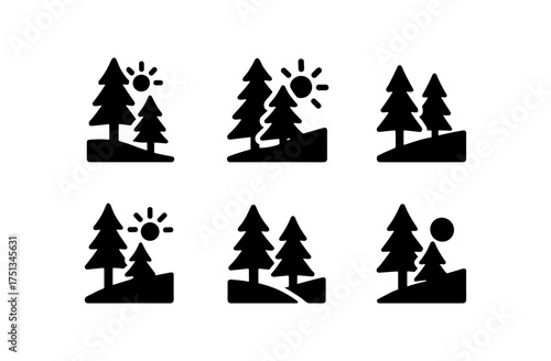 Evergreen forest sunrise icons for nature theme design projects