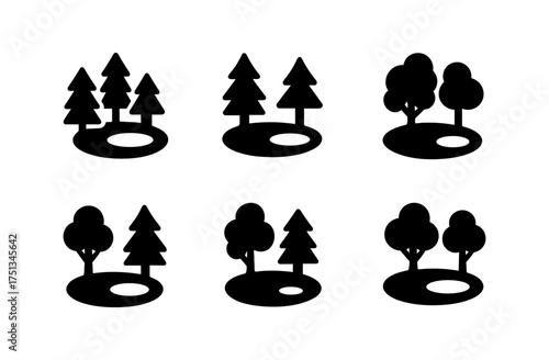 Nature scenes with simplified icons of forest and pond elements for design and decoration