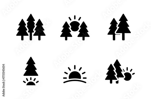 Minimalist pine forest and sun icons for nature and outdoor design elements