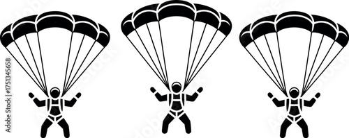 Three skydivers with parachutes in the sky isolated on white background