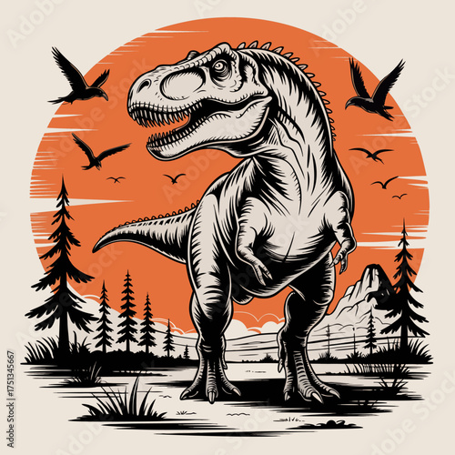 A black and white illustration of a T-Rex dinosaur
standing in a prehistoric landscape, set against a large orange sun in the background