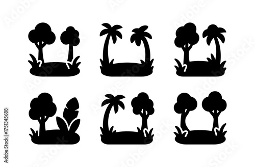 Jungle icon set featuring simple silhouette designs of tropical trees and plants for graphic design and digital projects