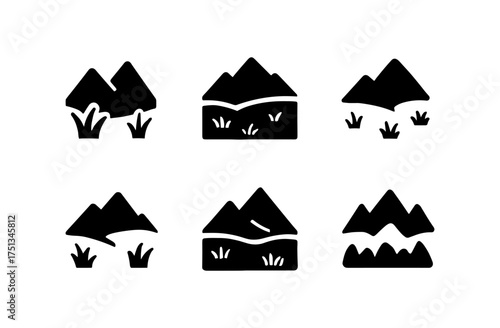Minimalist mountain and meadow icon set for nature-themed designs