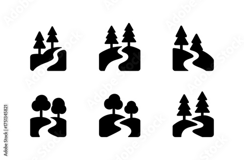 Minimalist hilly forest path icons for nature design projects and eco-friendly branding
