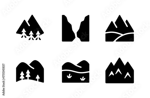 Alpine valley minimalist icon set for nature and landscape design projects