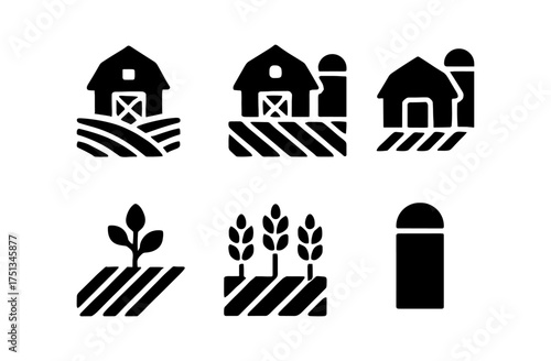 Farm icon set featuring barns, silos, and crops for design projects