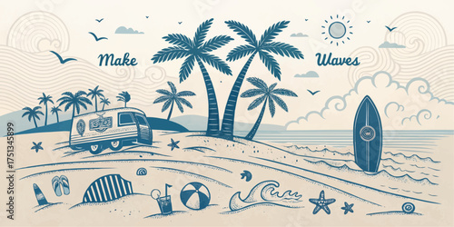 A beach scene with a van, palm trees, surfboard, and beach accessories in a vintage style illustration