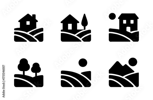 Charming country home icons set for minimalist design projects and nature-themed decor