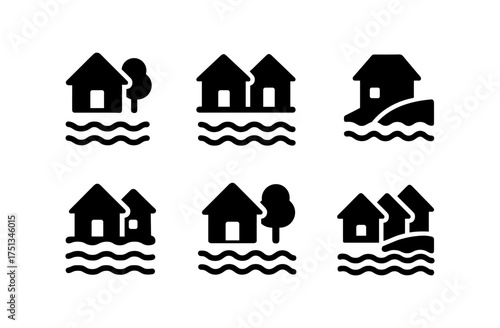 Simplistic riverbank village icons set for minimalist design projects