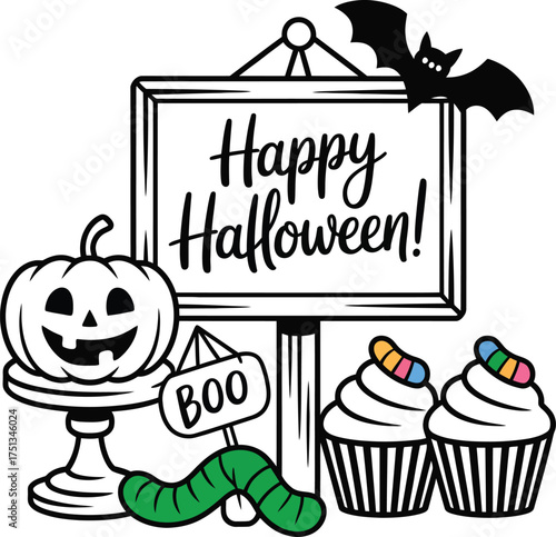 Vector art of happy halloween sign with pumpkin and cupcakes.